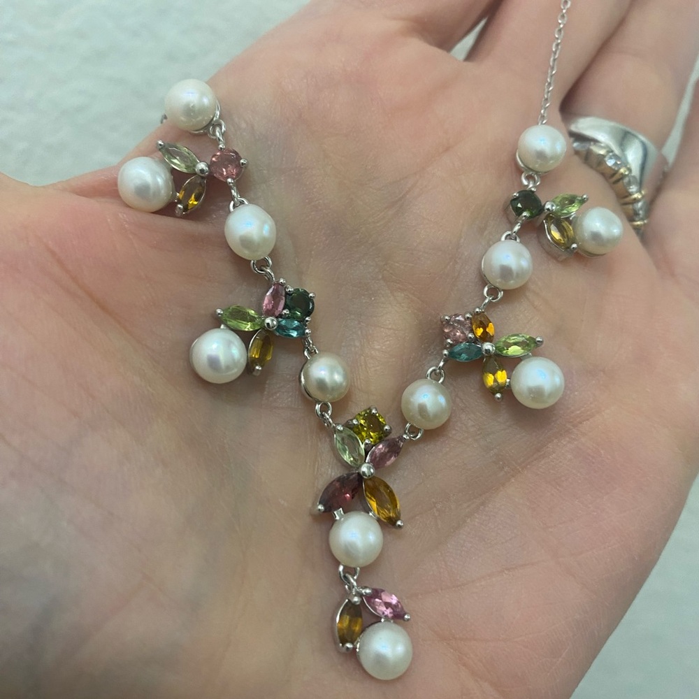 Elegant Multi-Color Marquise Tourmaline gemstone natural gemstone Pearl Necklace